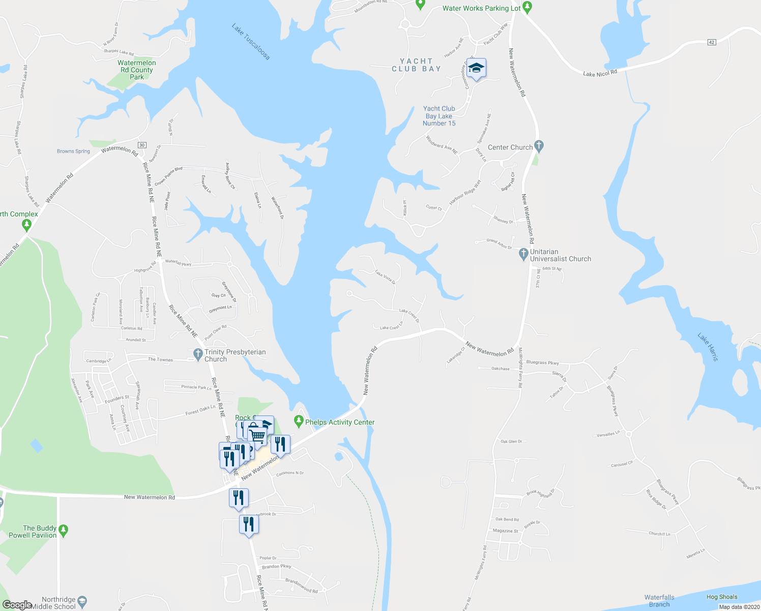 map of restaurants, bars, coffee shops, grocery stores, and more near Lake Crest Drive in Tuscaloosa