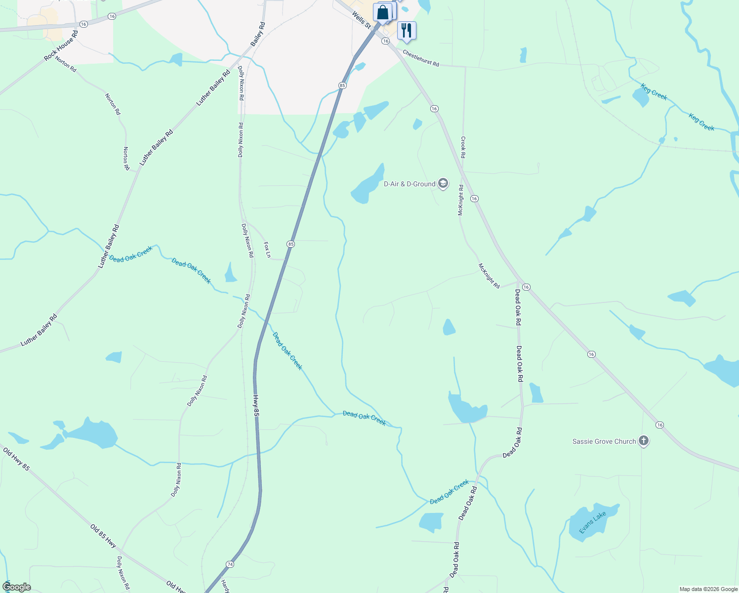 map of restaurants, bars, coffee shops, grocery stores, and more near 301 Meadows Drive in Senoia