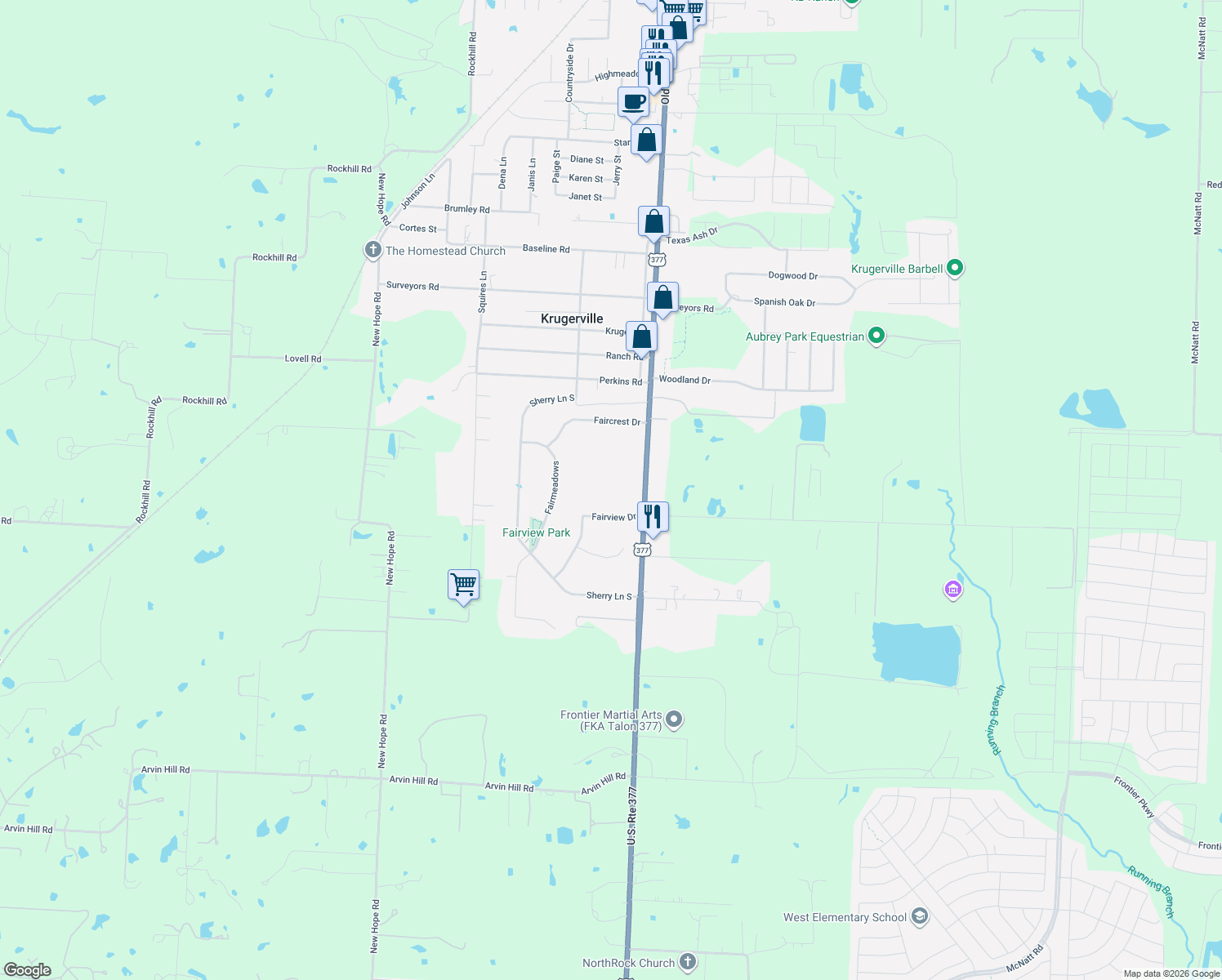 map of restaurants, bars, coffee shops, grocery stores, and more near 5025 U.S. 377 in Aubrey