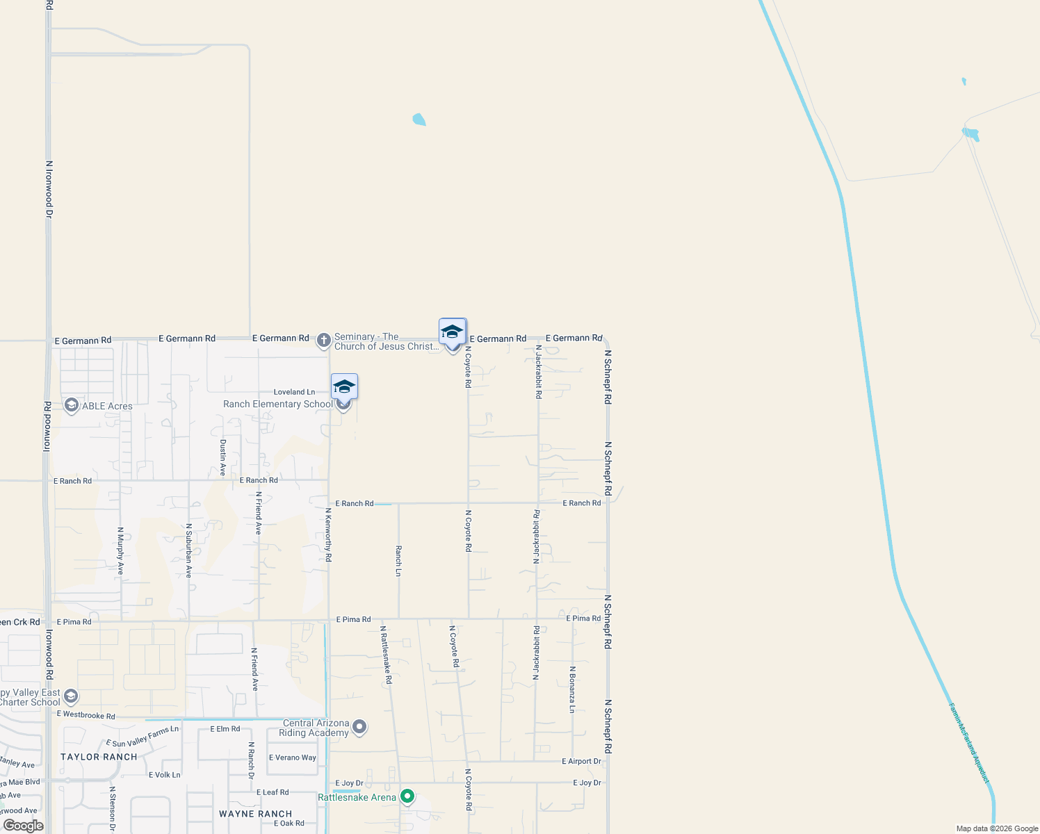 map of restaurants, bars, coffee shops, grocery stores, and more near 43508 North Jackrabbit Road in San Tan Valley