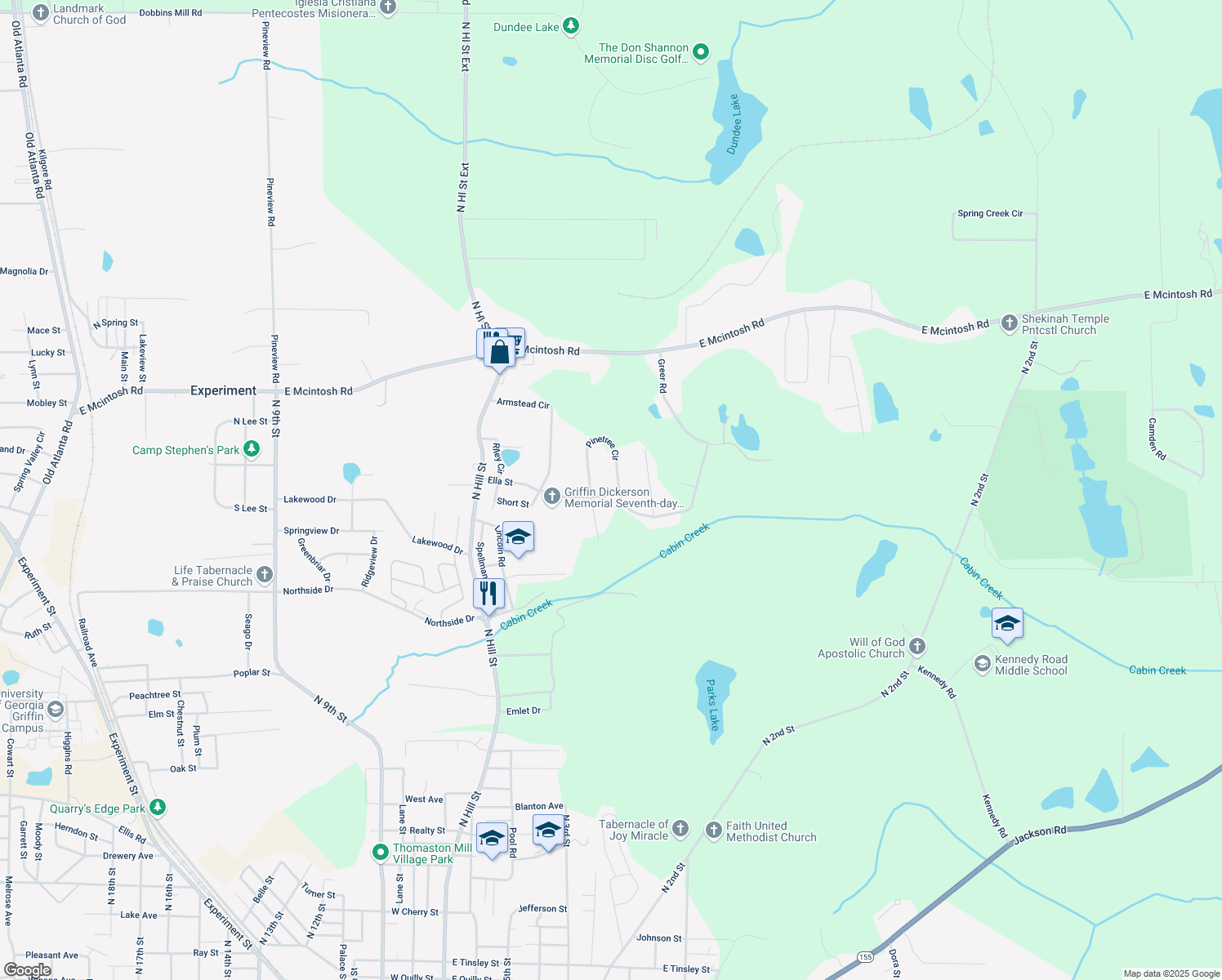 map of restaurants, bars, coffee shops, grocery stores, and more near 246 Pinetree Circle in Griffin