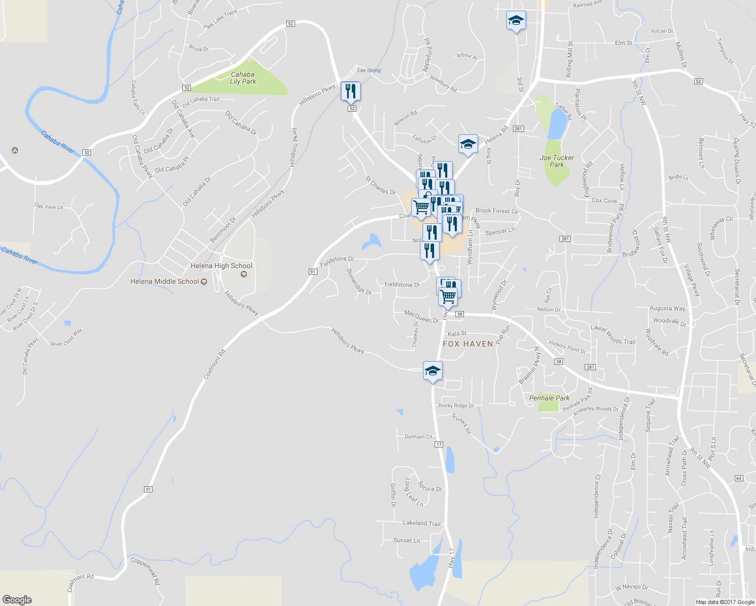map of restaurants, bars, coffee shops, grocery stores, and more near 318 Stonecroft Circle in Helena