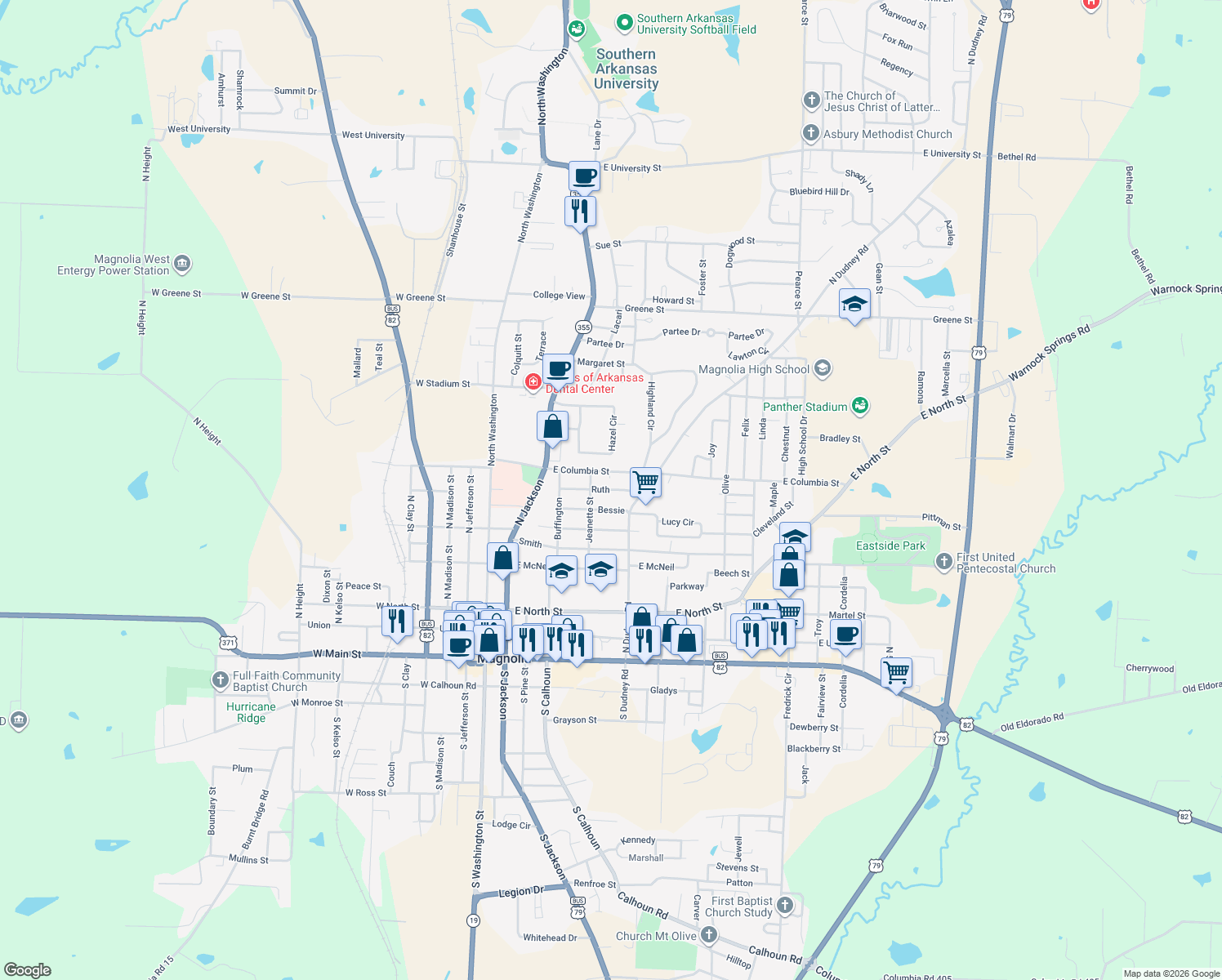 map of restaurants, bars, coffee shops, grocery stores, and more near 535 Ruth St in Magnolia