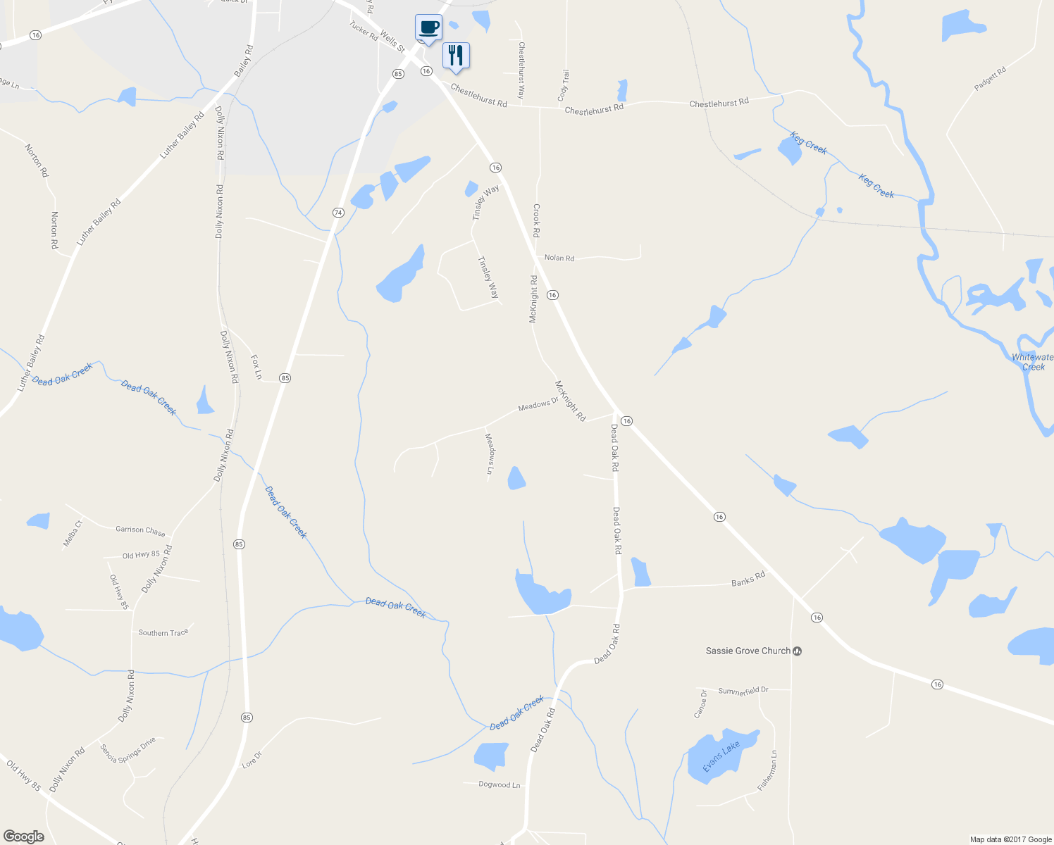 map of restaurants, bars, coffee shops, grocery stores, and more near 86 Meadows Drive in Senoia