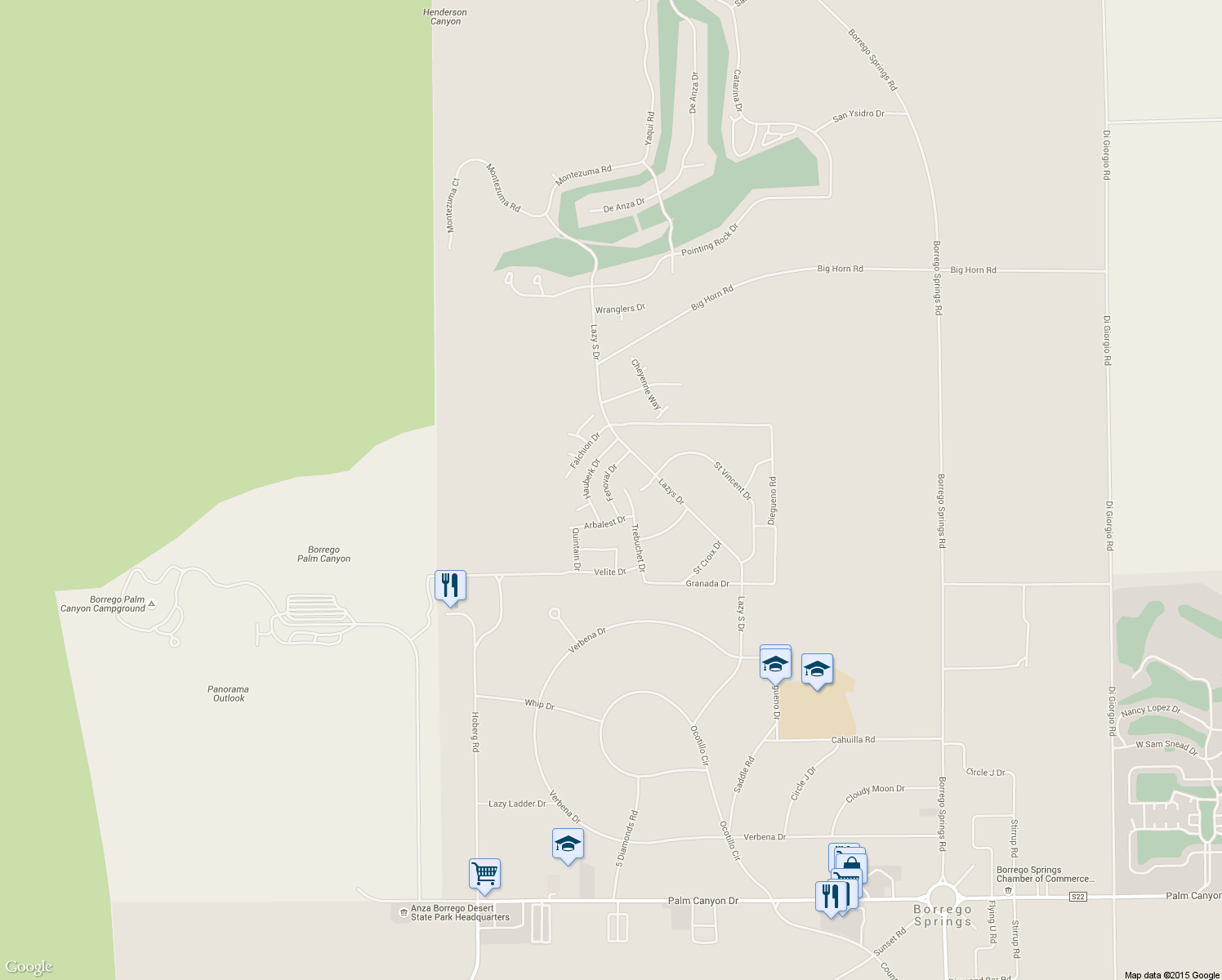 map of restaurants, bars, coffee shops, grocery stores, and more near 1945 Fenoval Drive in Borrego Springs