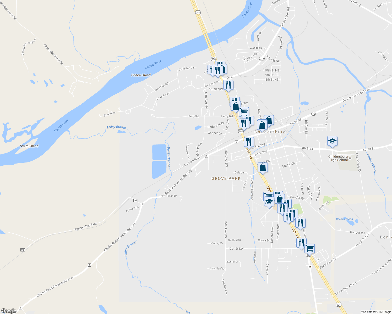 map of restaurants, bars, coffee shops, grocery stores, and more near 1601 16th Avenue Northwest in Childersburg