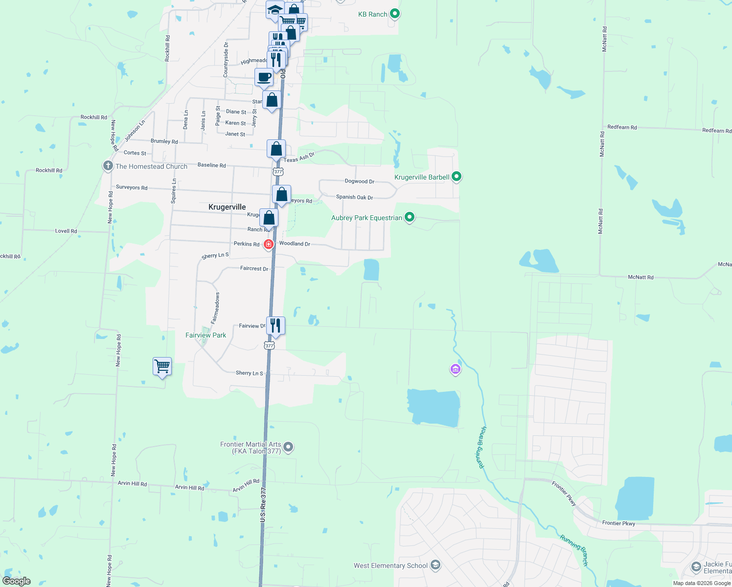 map of restaurants, bars, coffee shops, grocery stores, and more near 8959 Ike Byrom Road in Aubrey