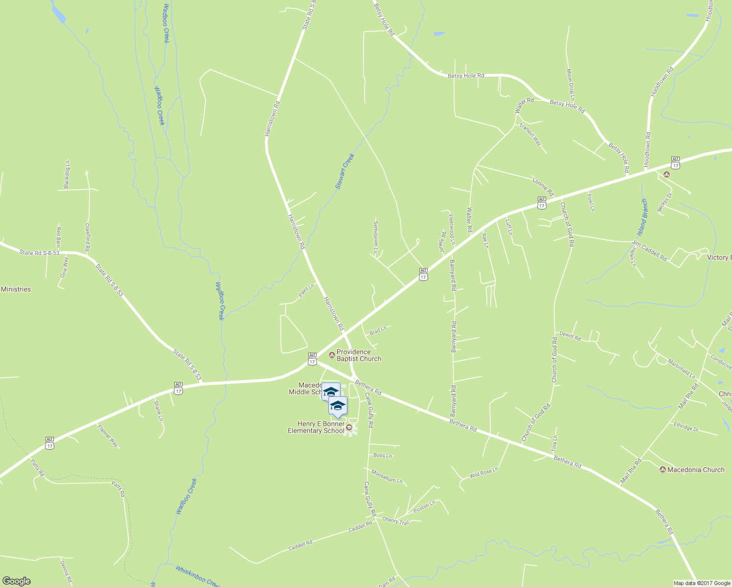 map of restaurants, bars, coffee shops, grocery stores, and more near 107 Bessie Lane in Bonneau