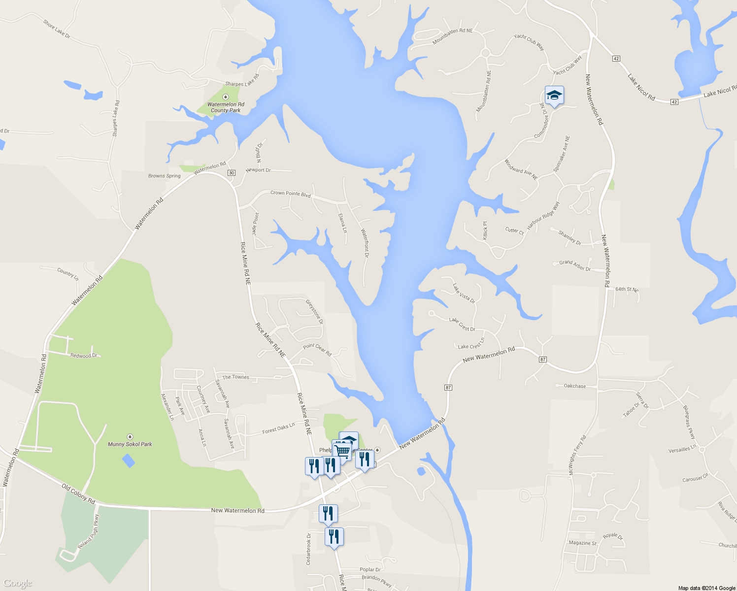map of restaurants, bars, coffee shops, grocery stores, and more near 6500 Waterfront Drive in Tuscaloosa