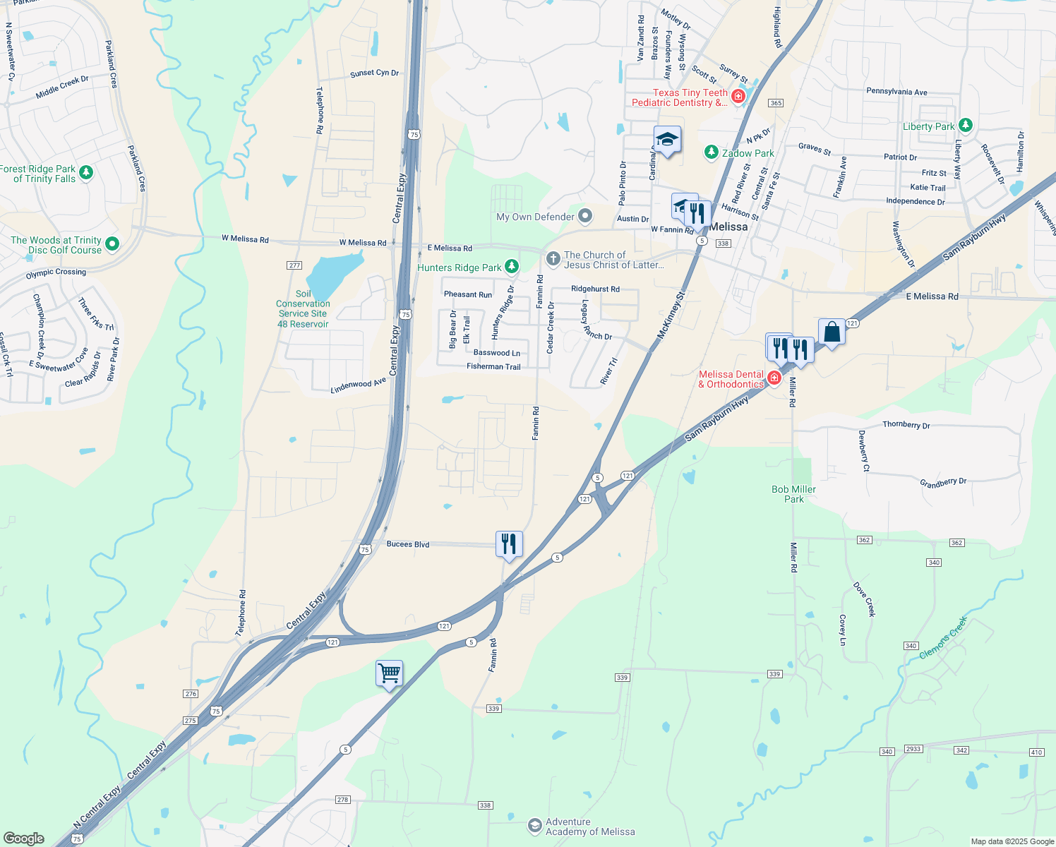 map of restaurants, bars, coffee shops, grocery stores, and more near 1929 South Fannin Road in Melissa
