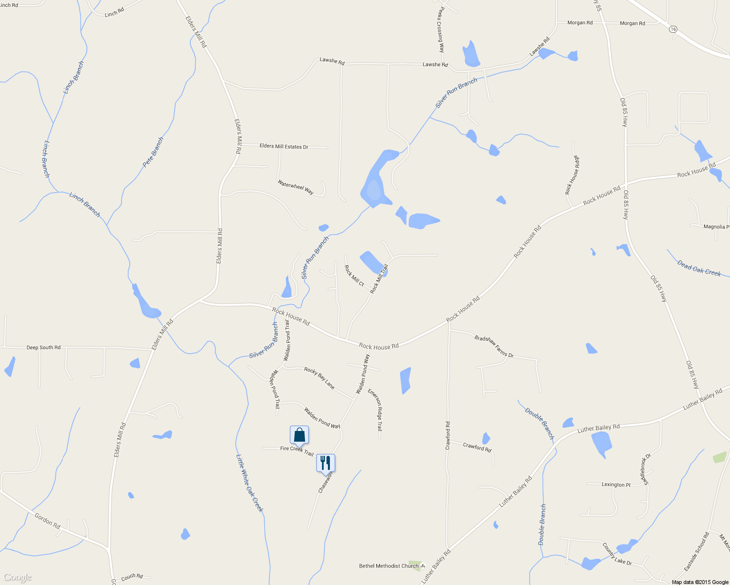 map of restaurants, bars, coffee shops, grocery stores, and more near 10 Rock Mill Court in Senoia