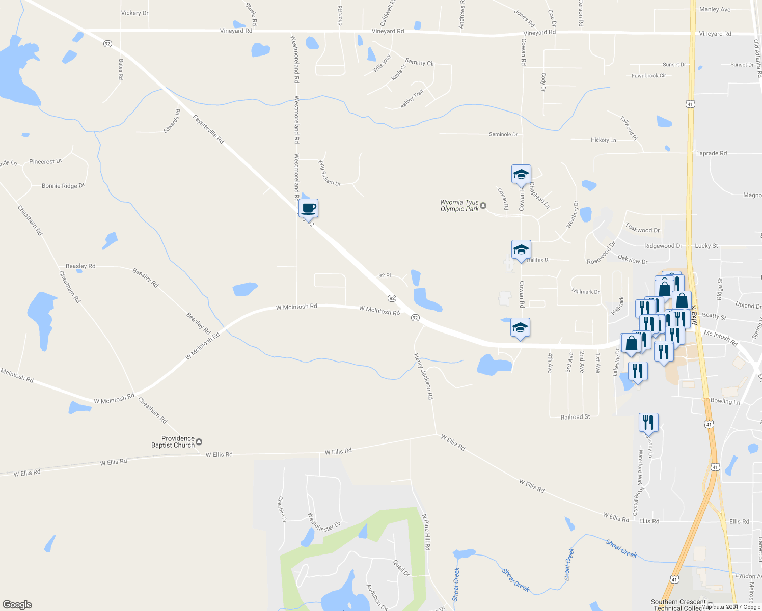 map of restaurants, bars, coffee shops, grocery stores, and more near 2333 West McIntosh Road in Griffin