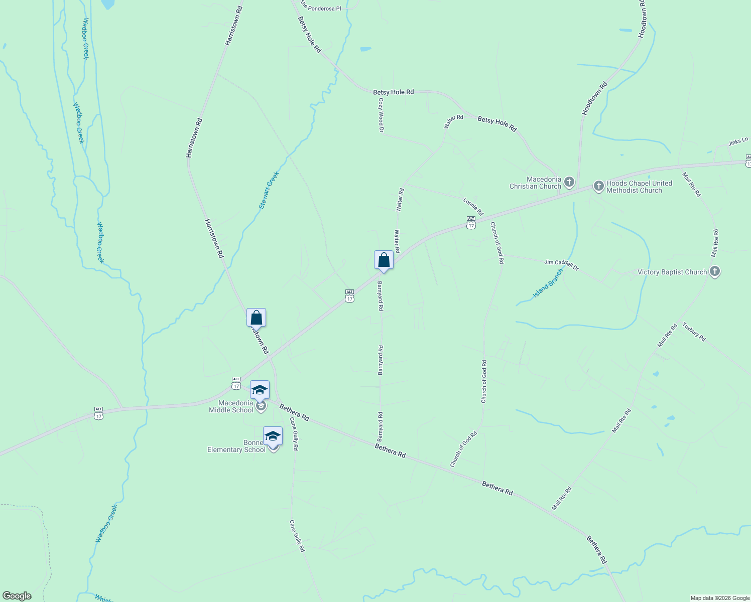 map of restaurants, bars, coffee shops, grocery stores, and more near 1031 Barnyard Road in Bonneau