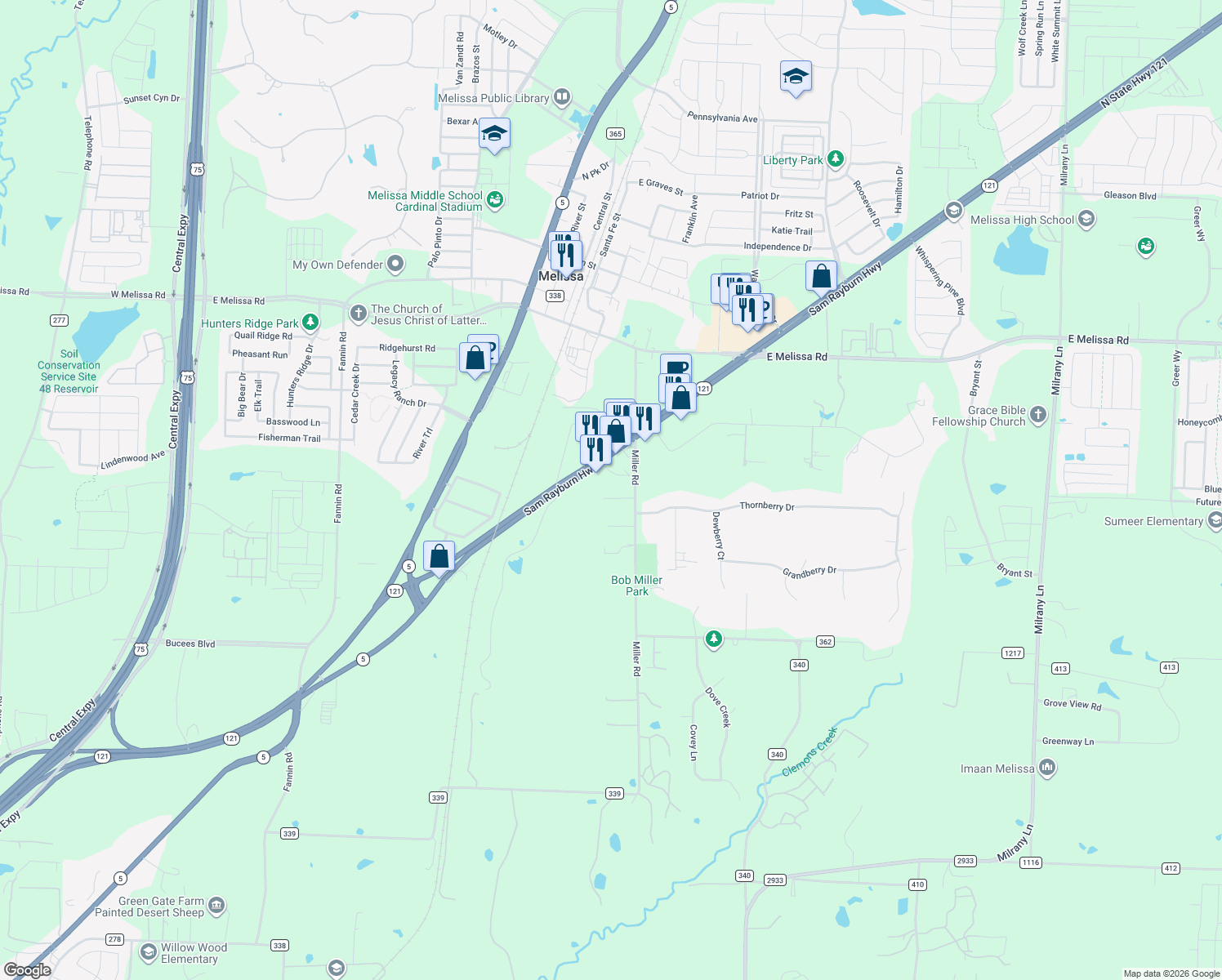 map of restaurants, bars, coffee shops, grocery stores, and more near 2138 Calhar Dr in Melissa