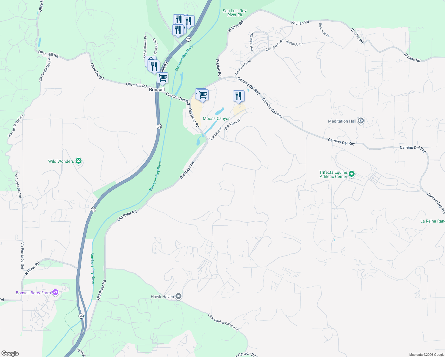 map of restaurants, bars, coffee shops, grocery stores, and more near 1210 Clos Duval in Bonsall