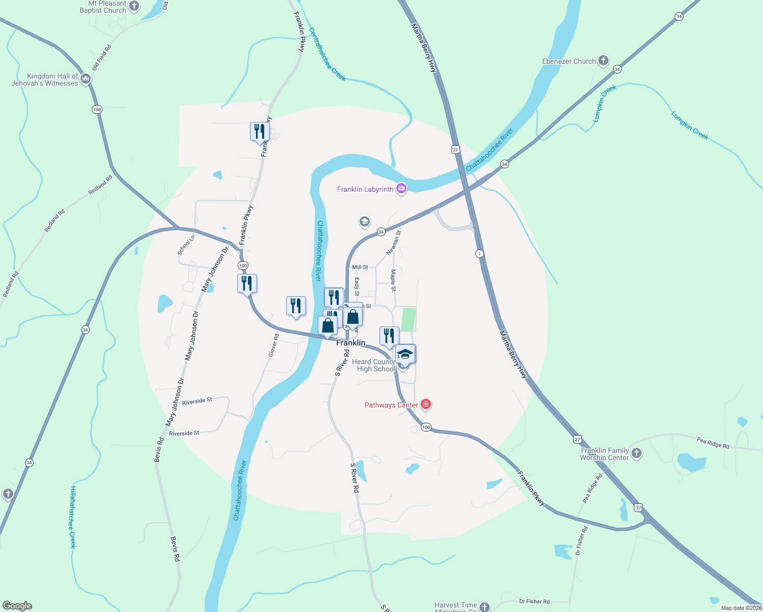 map of restaurants, bars, coffee shops, grocery stores, and more near 343 Main St in Franklin