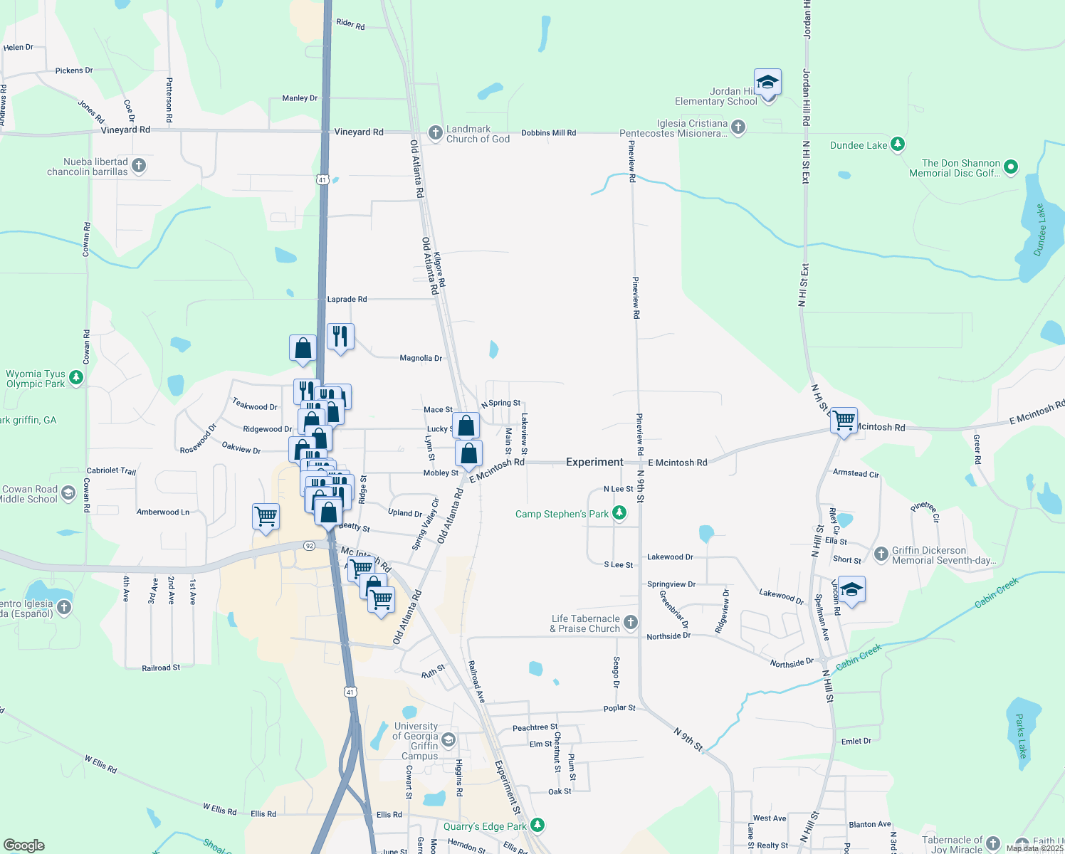 map of restaurants, bars, coffee shops, grocery stores, and more near 422 Lakeview Street in Griffin