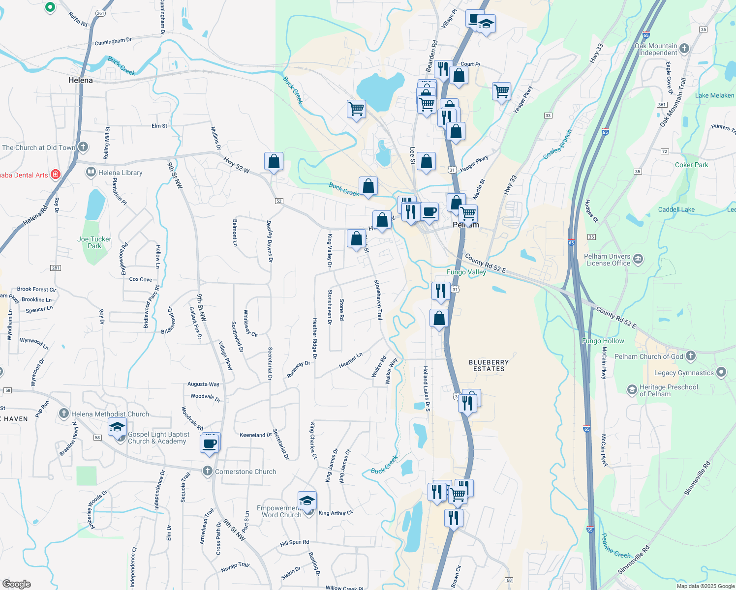 map of restaurants, bars, coffee shops, grocery stores, and more near 186 Stonebridge Circle in Pelham