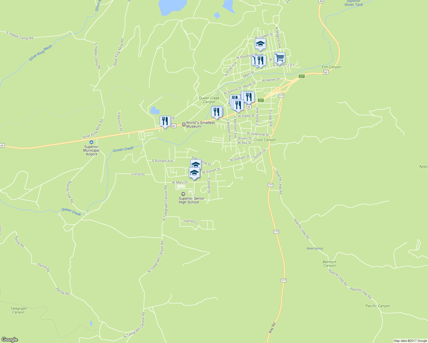 map of restaurants, bars, coffee shops, grocery stores, and more near 210 South Hing Drive in Superior
