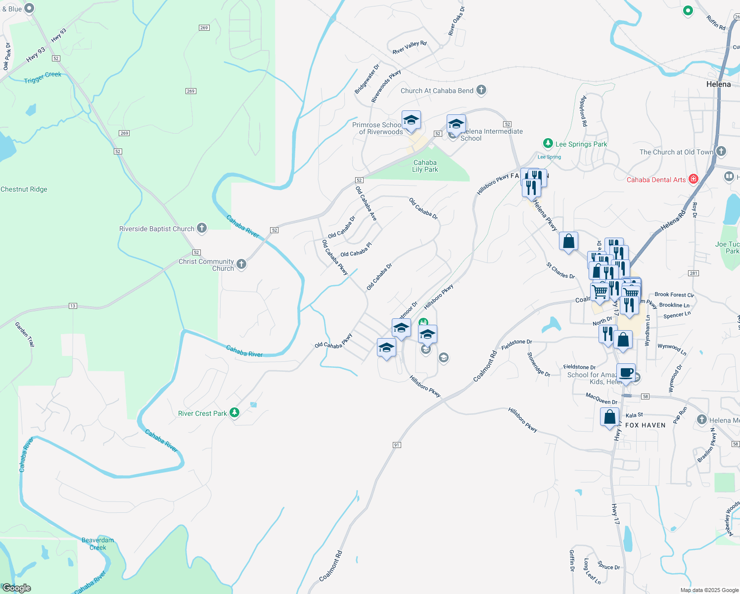 map of restaurants, bars, coffee shops, grocery stores, and more near 4013 Old Cahaba Parkway in Helena