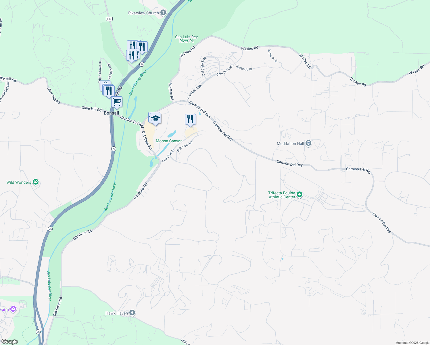 map of restaurants, bars, coffee shops, grocery stores, and more near 31499 Lake Vista Circle in Bonsall