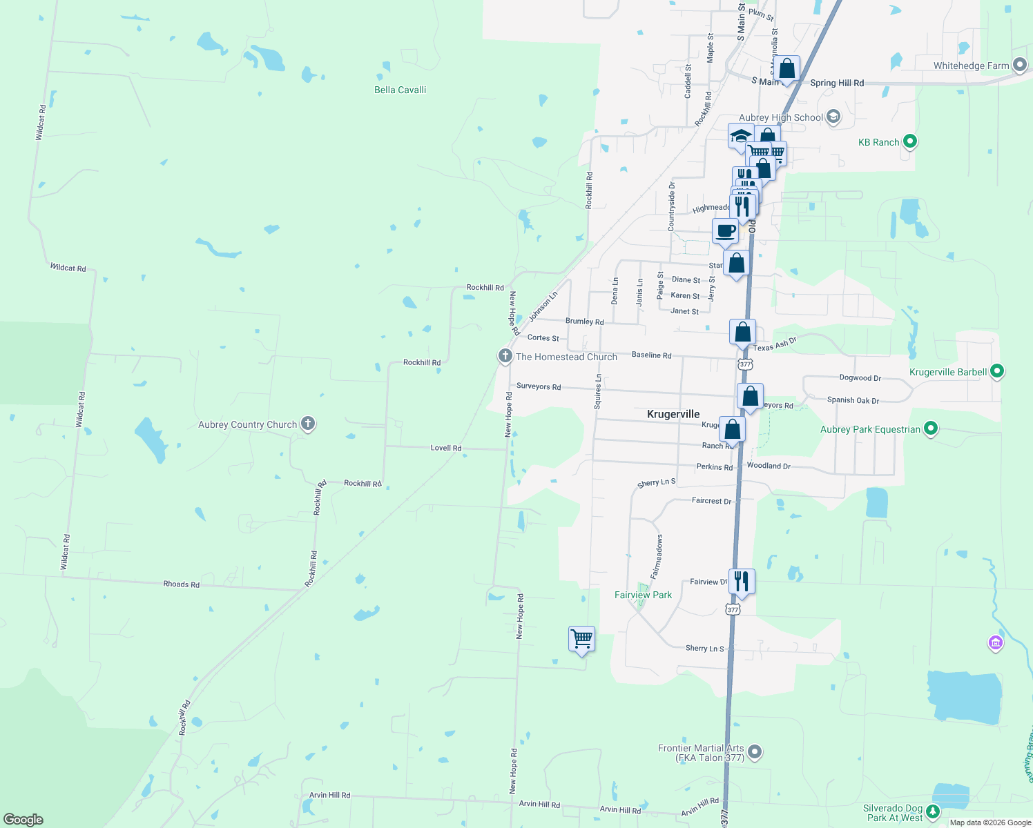 map of restaurants, bars, coffee shops, grocery stores, and more near 5844 New Hope Rd in Aubrey