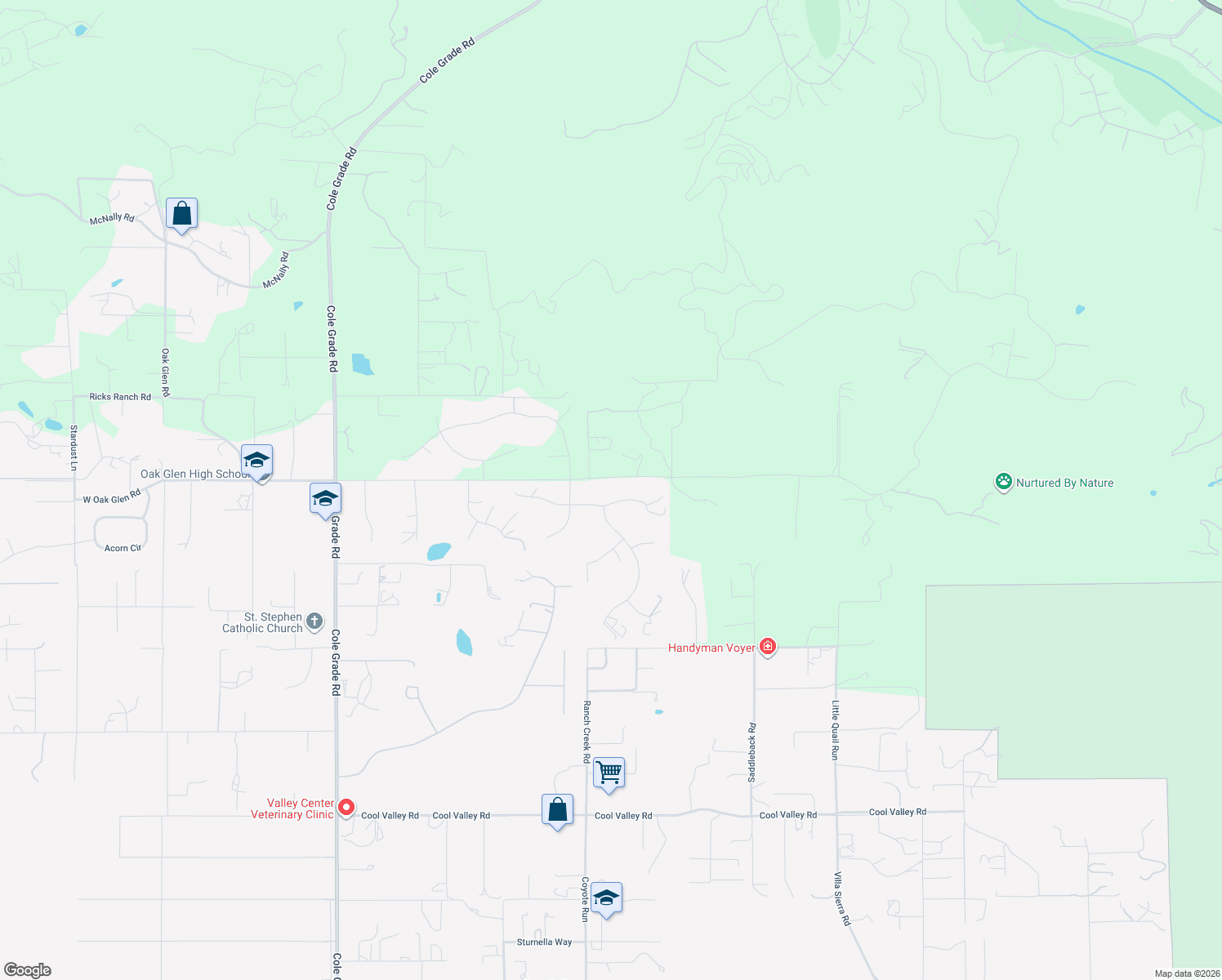 map of restaurants, bars, coffee shops, grocery stores, and more near 30730 Star Haven Drive in Valley Center