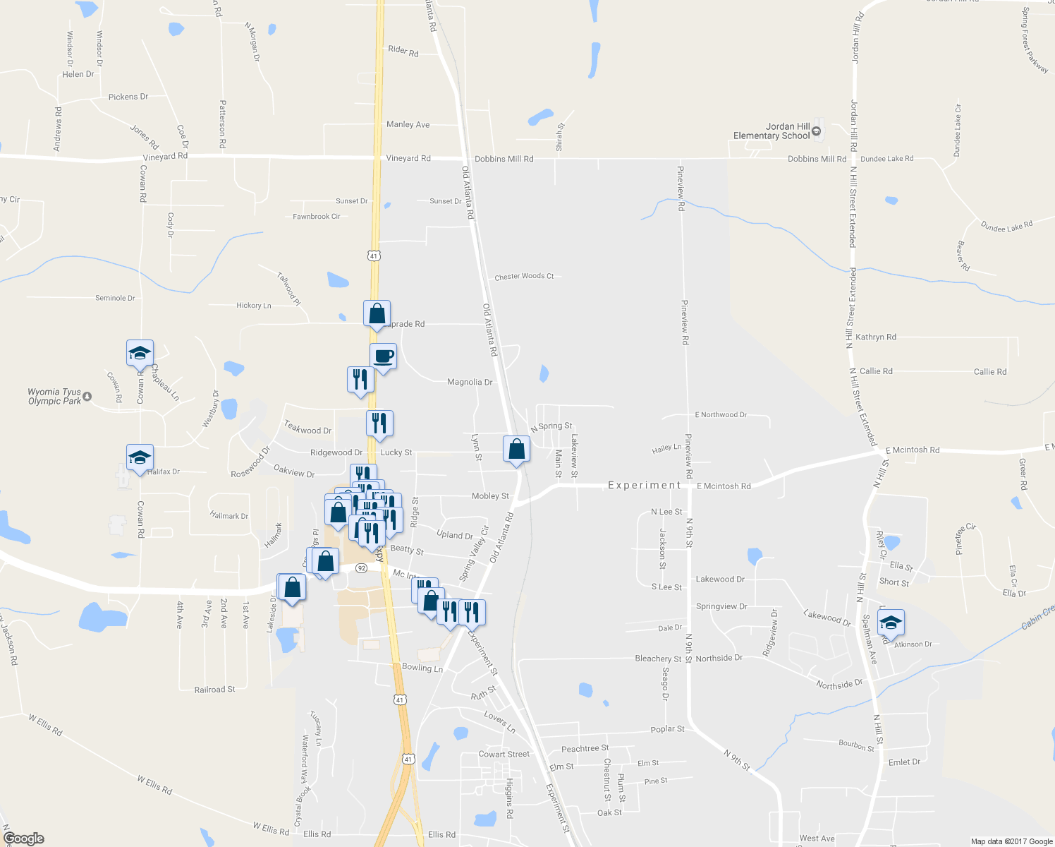 map of restaurants, bars, coffee shops, grocery stores, and more near 100 Front Street in Griffin