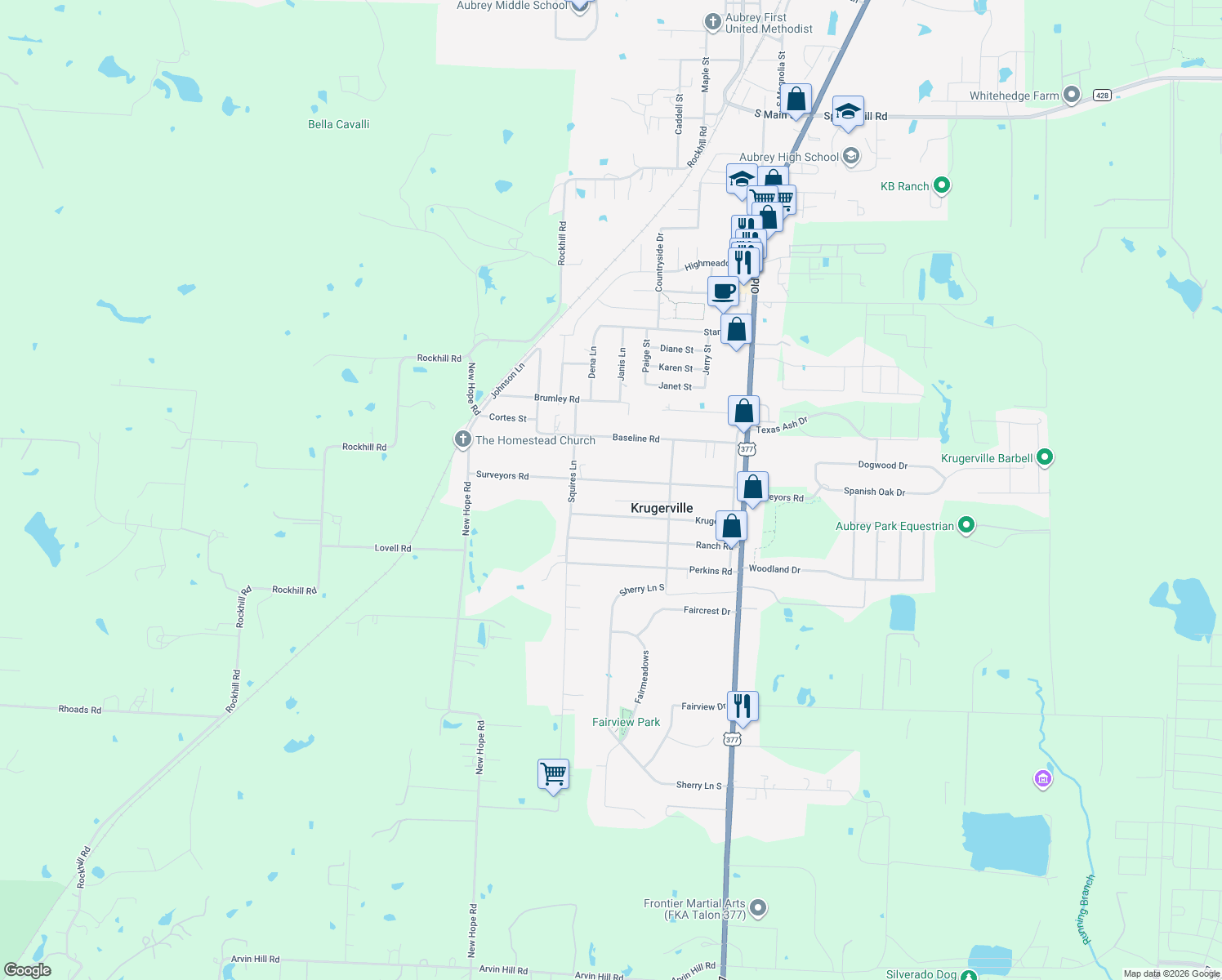 map of restaurants, bars, coffee shops, grocery stores, and more near 301 Surveyors Road in Krugerville