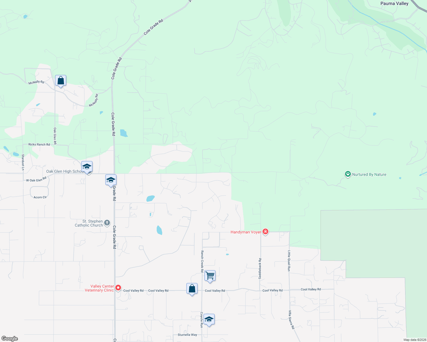 map of restaurants, bars, coffee shops, grocery stores, and more near 30730 Star Haven Drive in Valley Center