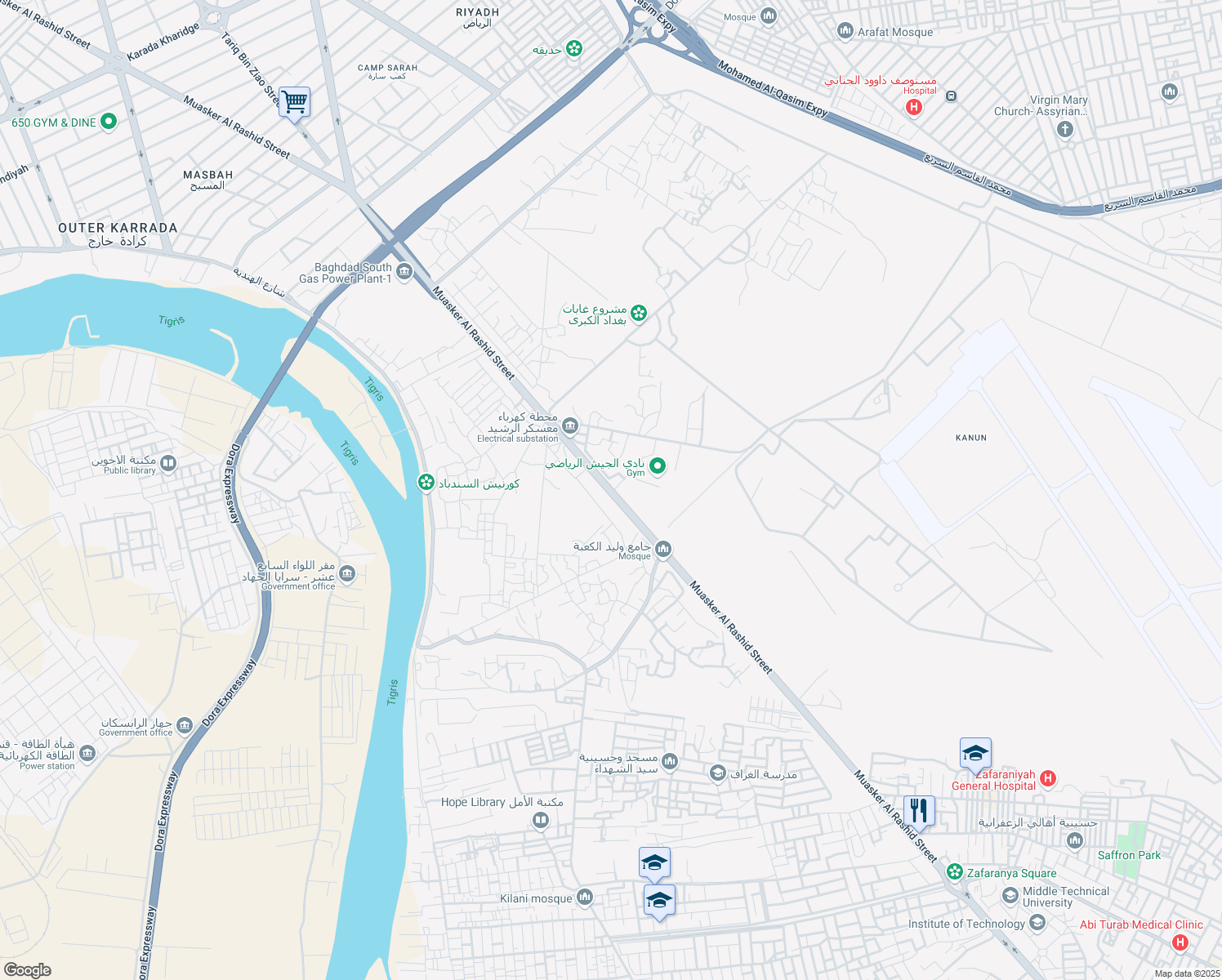 map of restaurants, bars, coffee shops, grocery stores, and more near Muasker Al Rashid Street in Baghdad