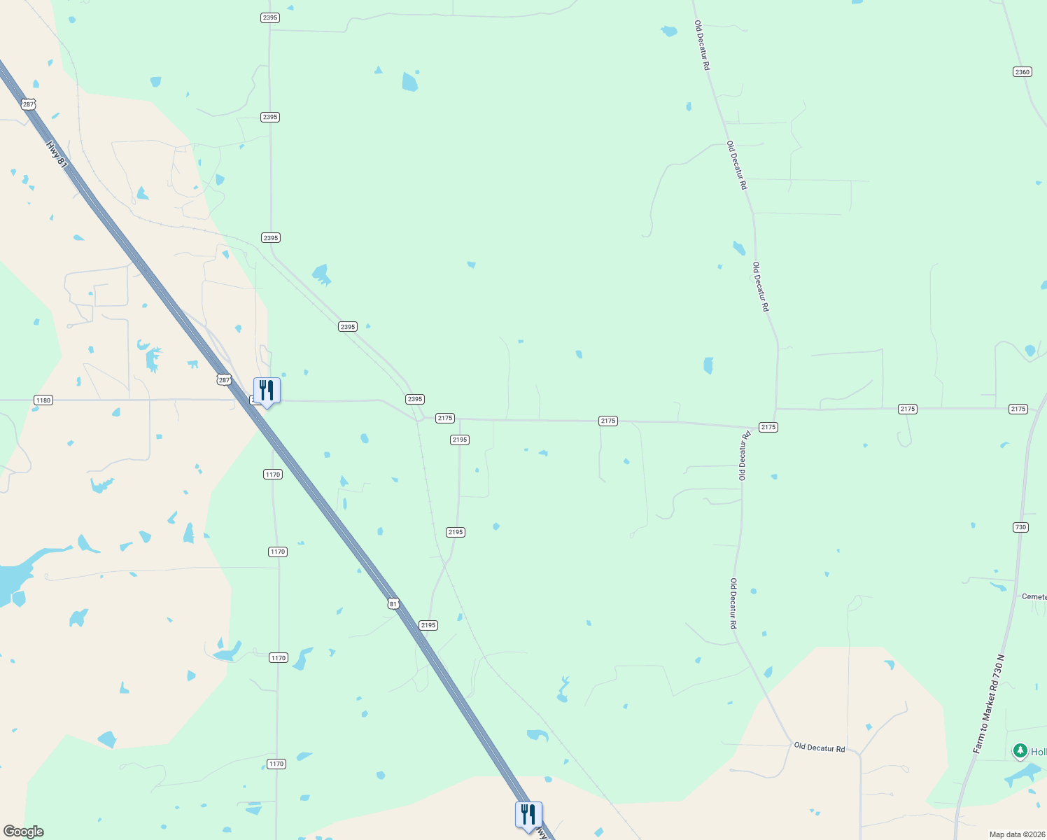 map of restaurants, bars, coffee shops, grocery stores, and more near 1161 County Road 2175 in Decatur