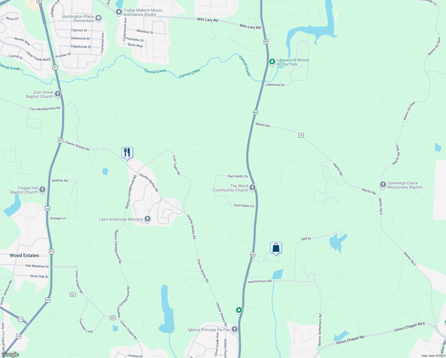 map of restaurants, bars, coffee shops, grocery stores, and more near 9458 Earl Fields Circle in Northport