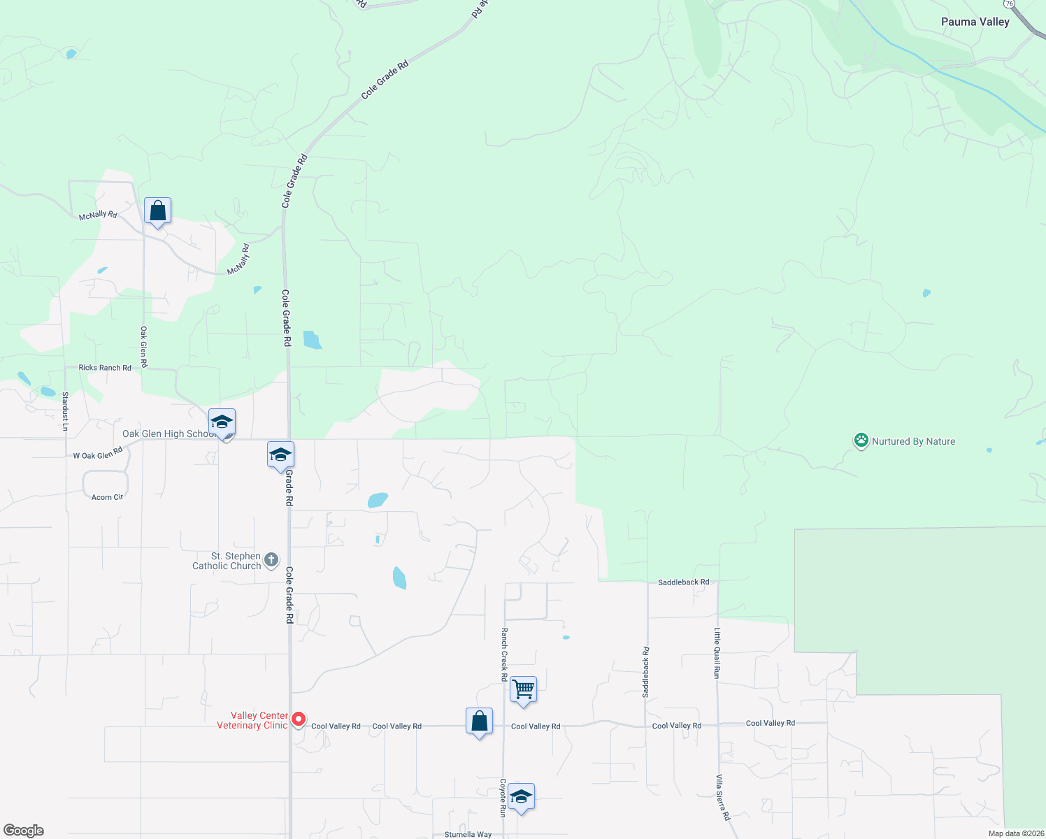 map of restaurants, bars, coffee shops, grocery stores, and more near 30638 Pauma Heights Road in Valley Center