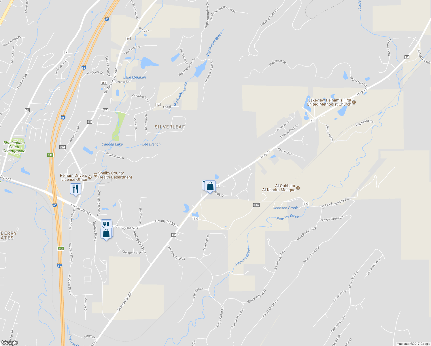 map of restaurants, bars, coffee shops, grocery stores, and more near Huntley Apartment Drive in Pelham