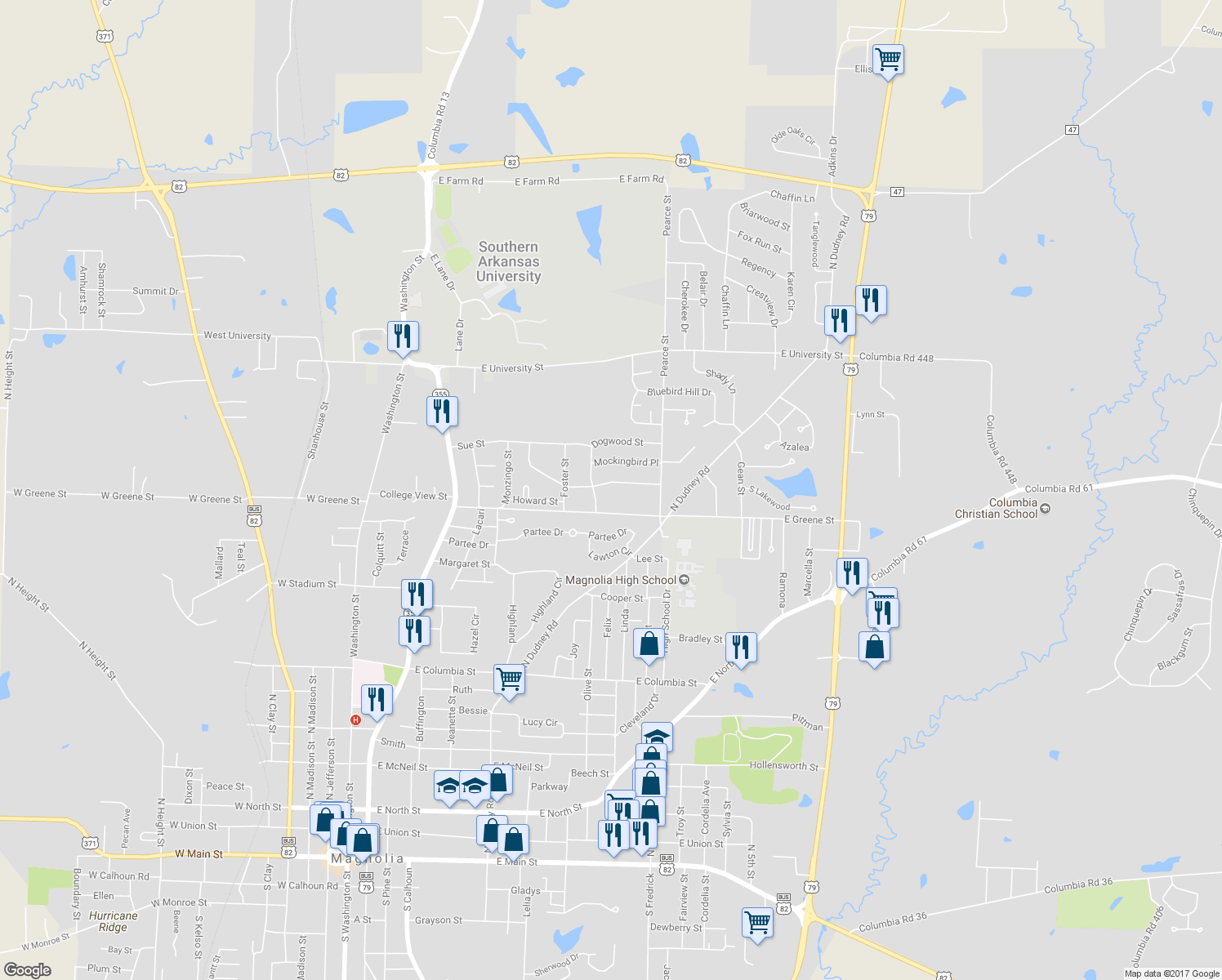 map of restaurants, bars, coffee shops, grocery stores, and more near 1027 Honeysuckle Road in Magnolia