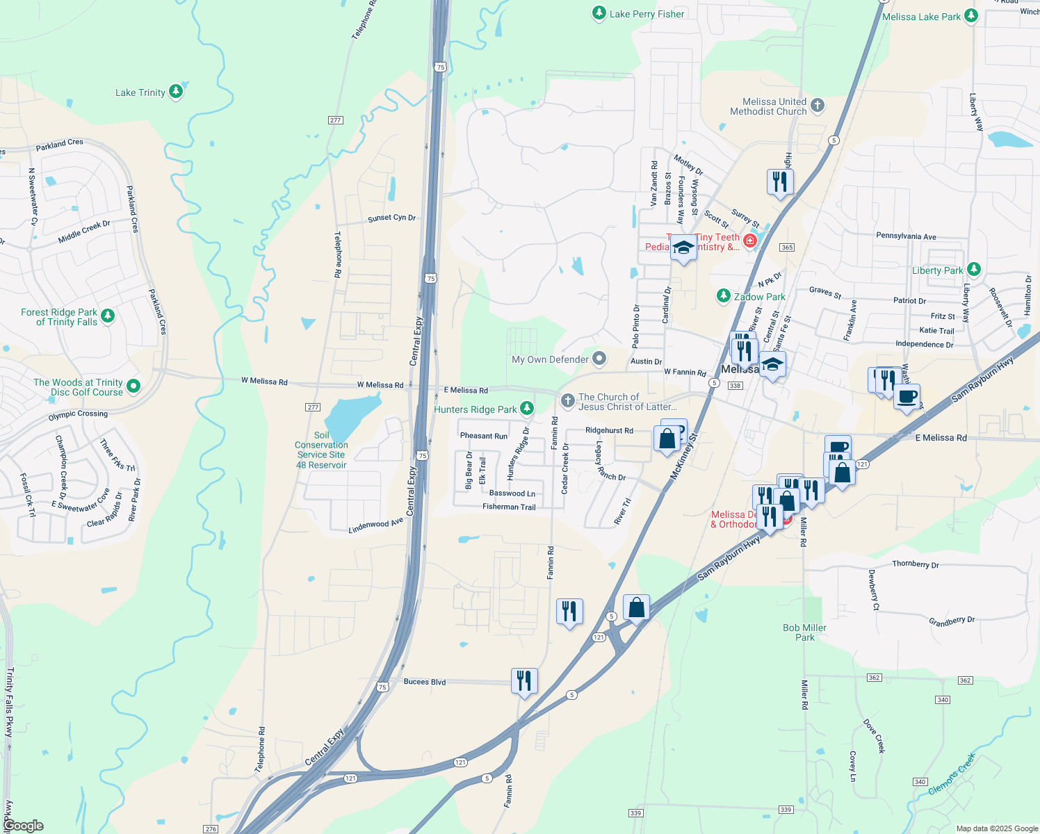 map of restaurants, bars, coffee shops, grocery stores, and more near 2505 Quail Ridge Rd in Melissa