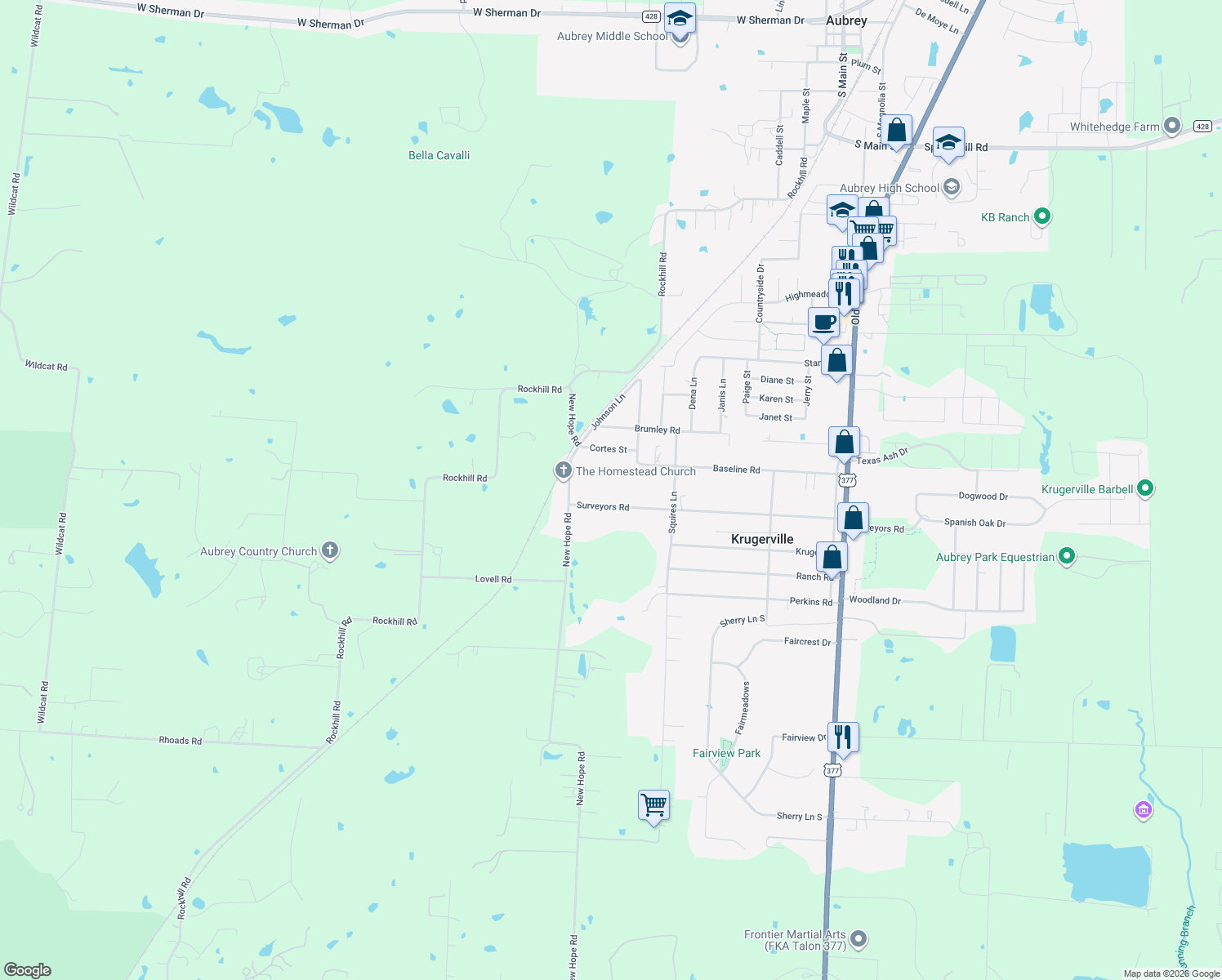 map of restaurants, bars, coffee shops, grocery stores, and more near 500 Surveyors Rd in Krugerville