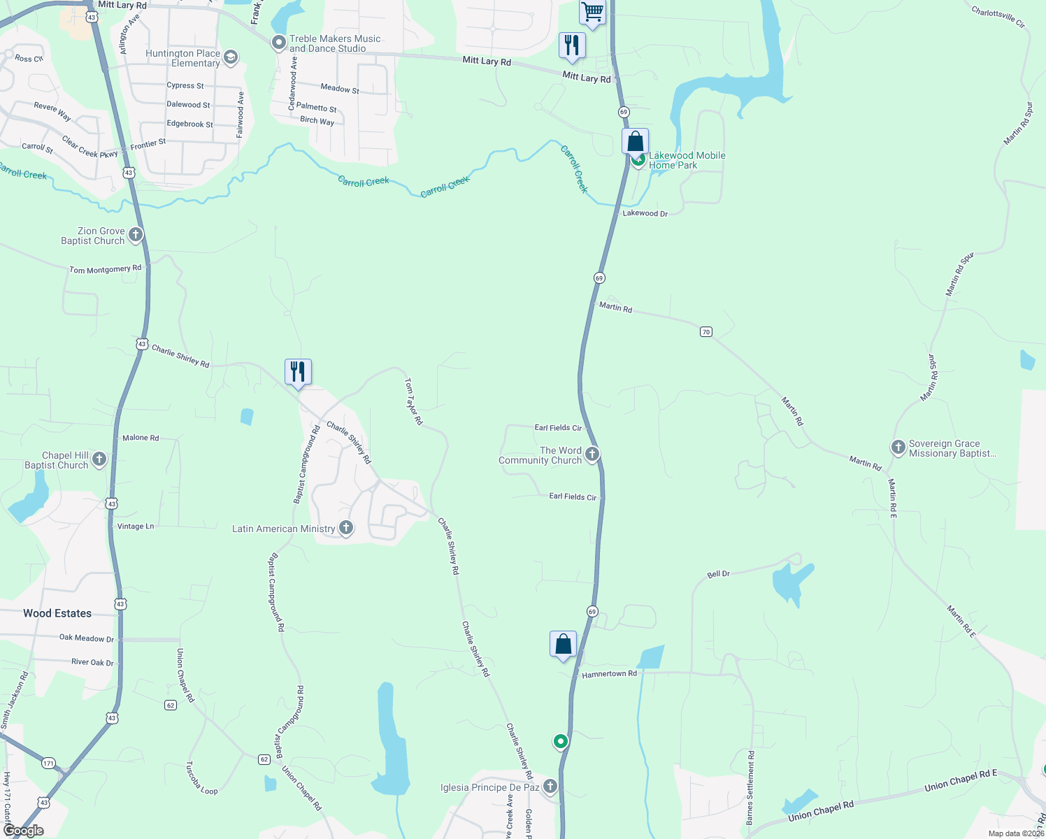 map of restaurants, bars, coffee shops, grocery stores, and more near 9458 Earl Fields Circle in Northport