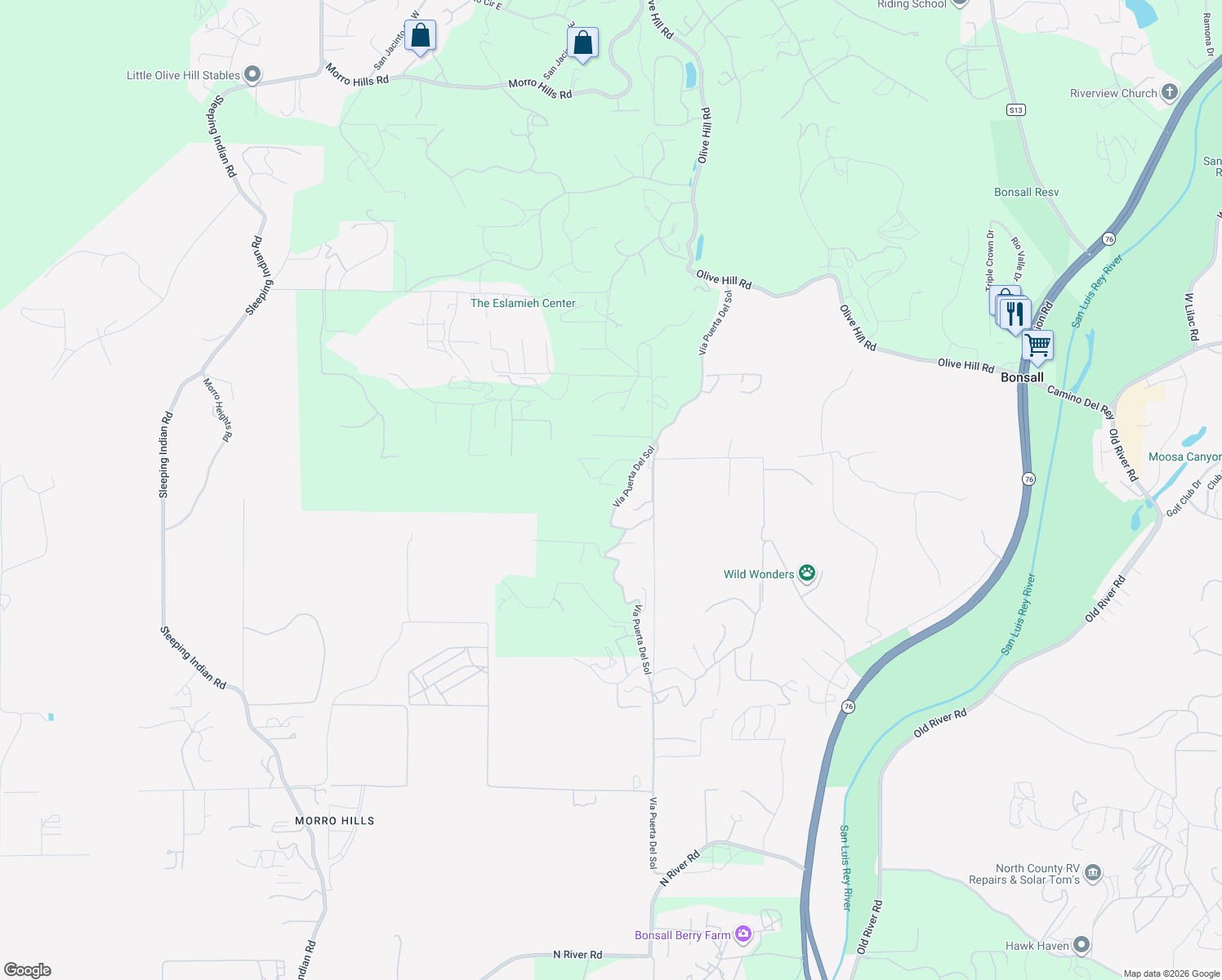 map of restaurants, bars, coffee shops, grocery stores, and more near 4205 Vía Rancho Del Lago in Bonsall