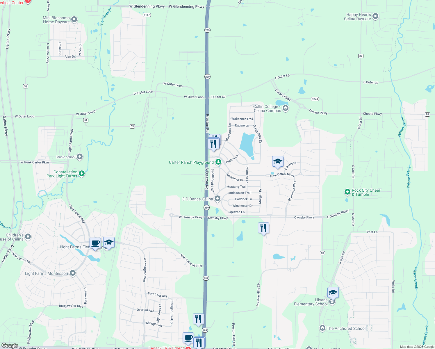 map of restaurants, bars, coffee shops, grocery stores, and more near 2809 Quarter Horse Lane in Celina