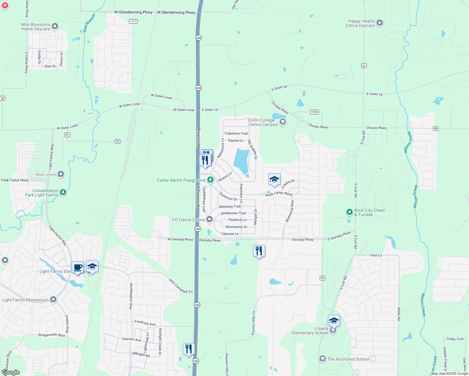 map of restaurants, bars, coffee shops, grocery stores, and more near 410 Connemara Trail in Celina