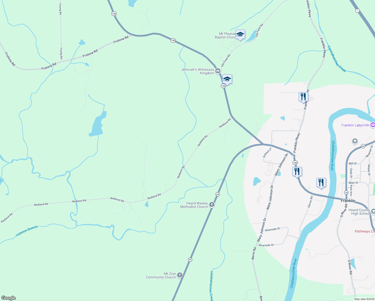 map of restaurants, bars, coffee shops, grocery stores, and more near 390 Redland Road in Franklin