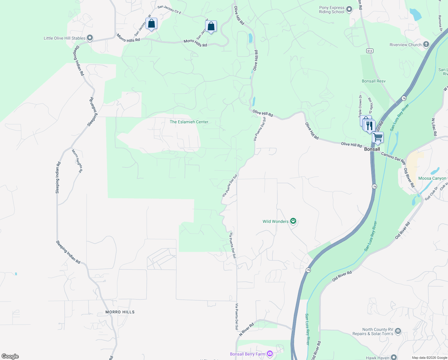 map of restaurants, bars, coffee shops, grocery stores, and more near 4205 Vía Rancho Del Lago in Bonsall
