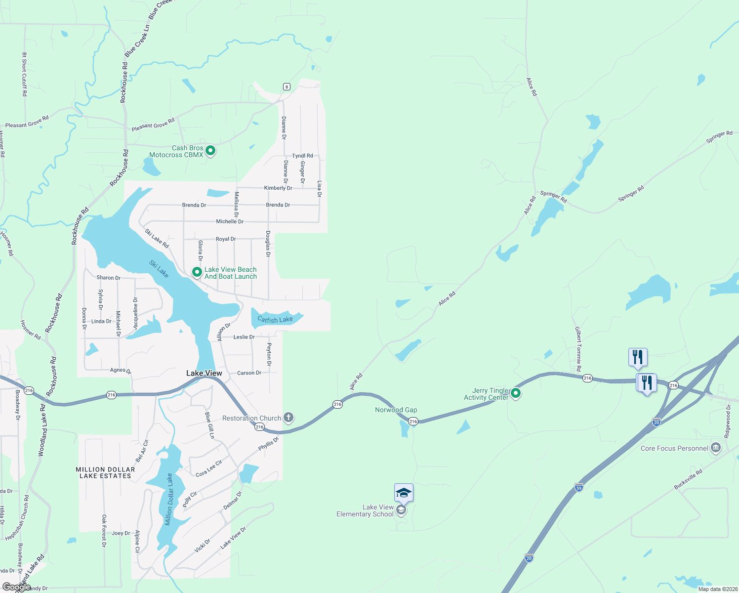 map of restaurants, bars, coffee shops, grocery stores, and more near 13094 Minnie Ola Drive in McCalla