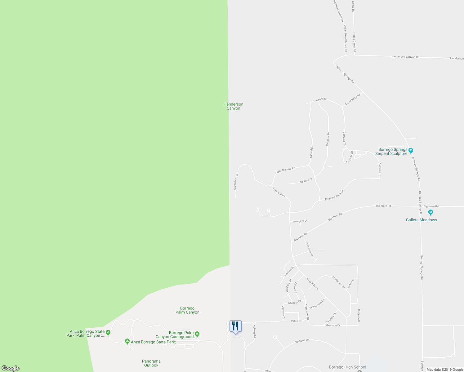 map of restaurants, bars, coffee shops, grocery stores, and more near 1686 Montezuma Court in Borrego Springs