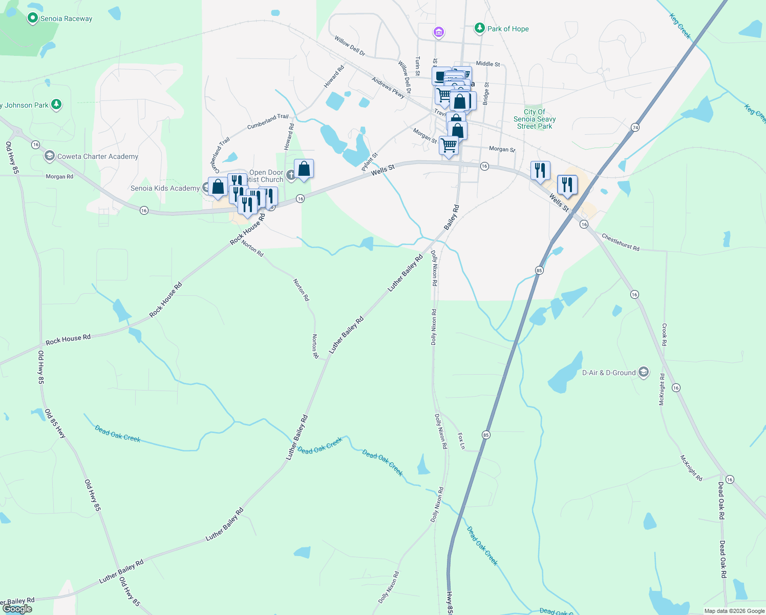 map of restaurants, bars, coffee shops, grocery stores, and more near 424 Luther Bailey Road in Senoia