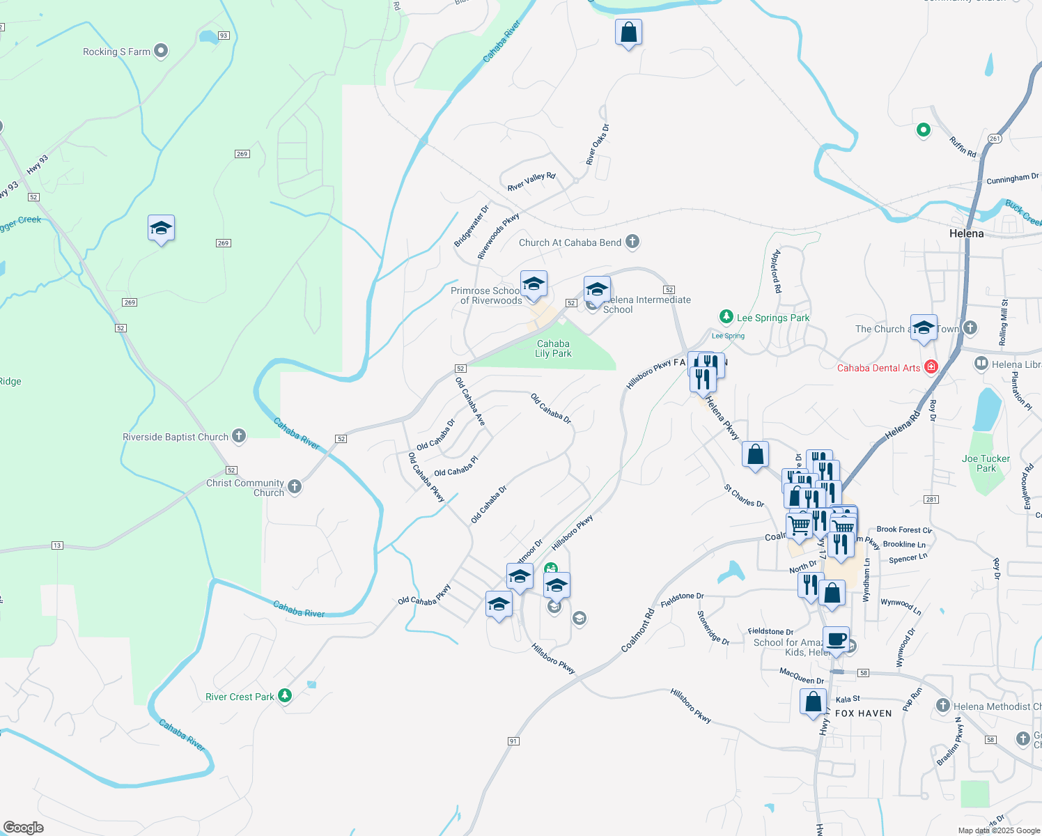 map of restaurants, bars, coffee shops, grocery stores, and more near 2236 Old Cahaba Place in Helena