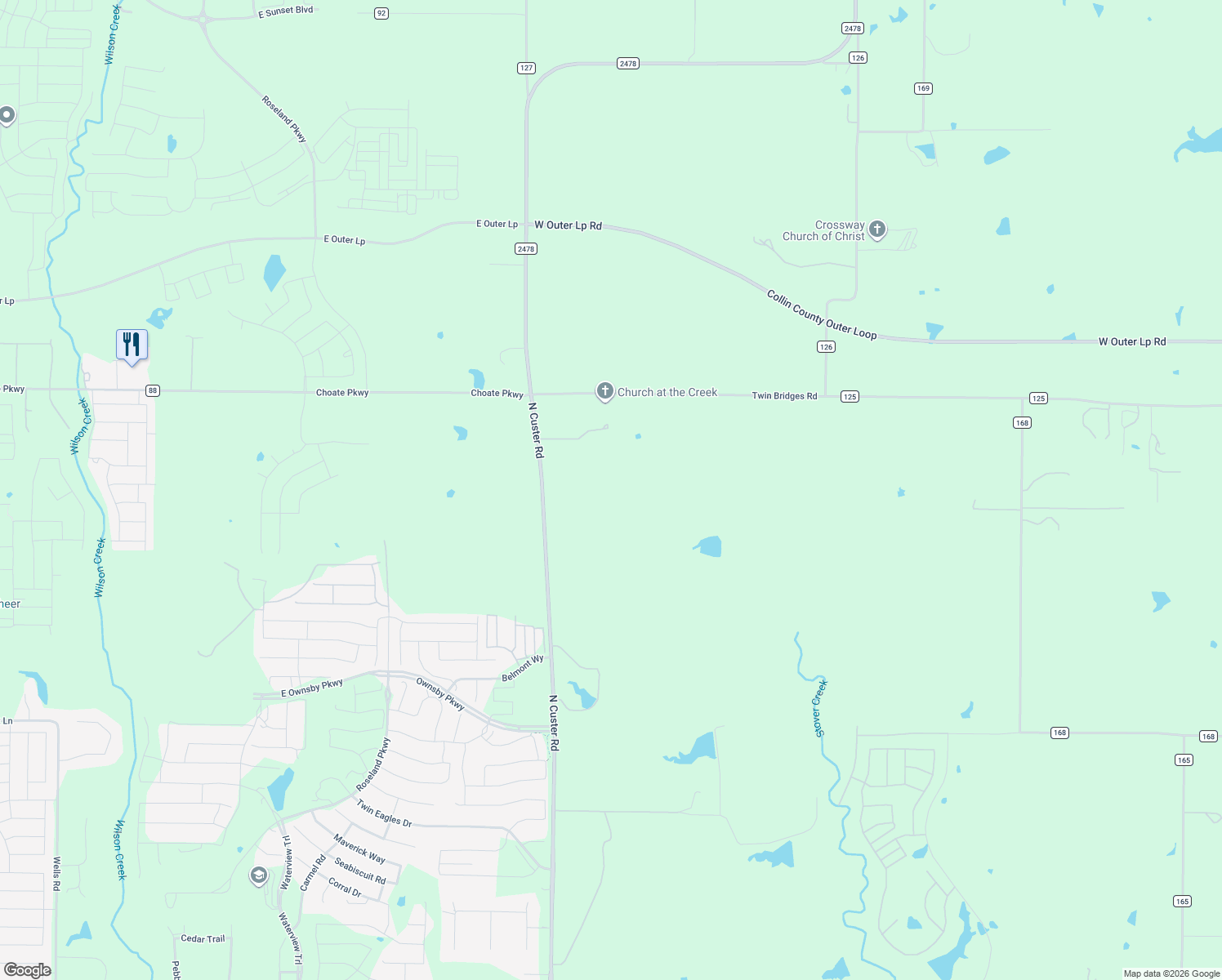 map of restaurants, bars, coffee shops, grocery stores, and more near 8176 North Fm 2478 in McKinney