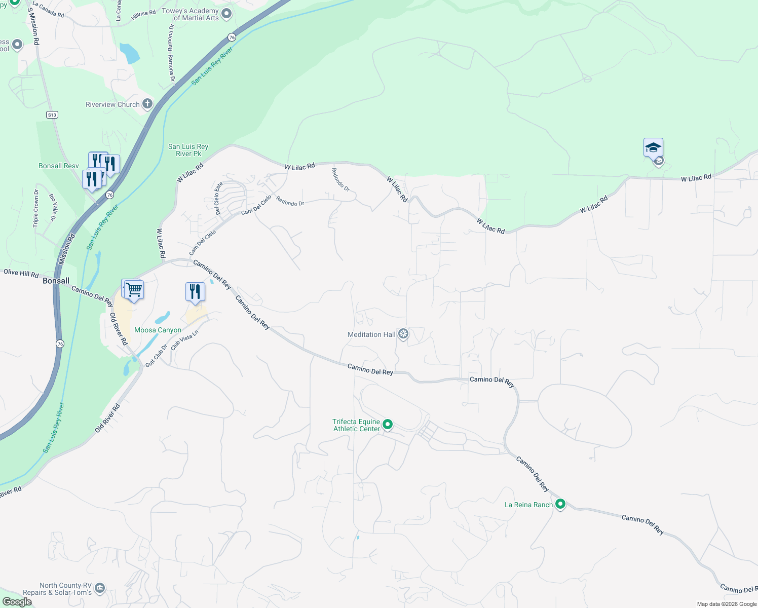 map of restaurants, bars, coffee shops, grocery stores, and more near 31630 Wrightwood Road in Bonsall